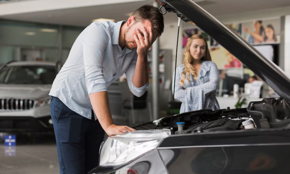 upset man inspecting car engine 23 2148384903 1