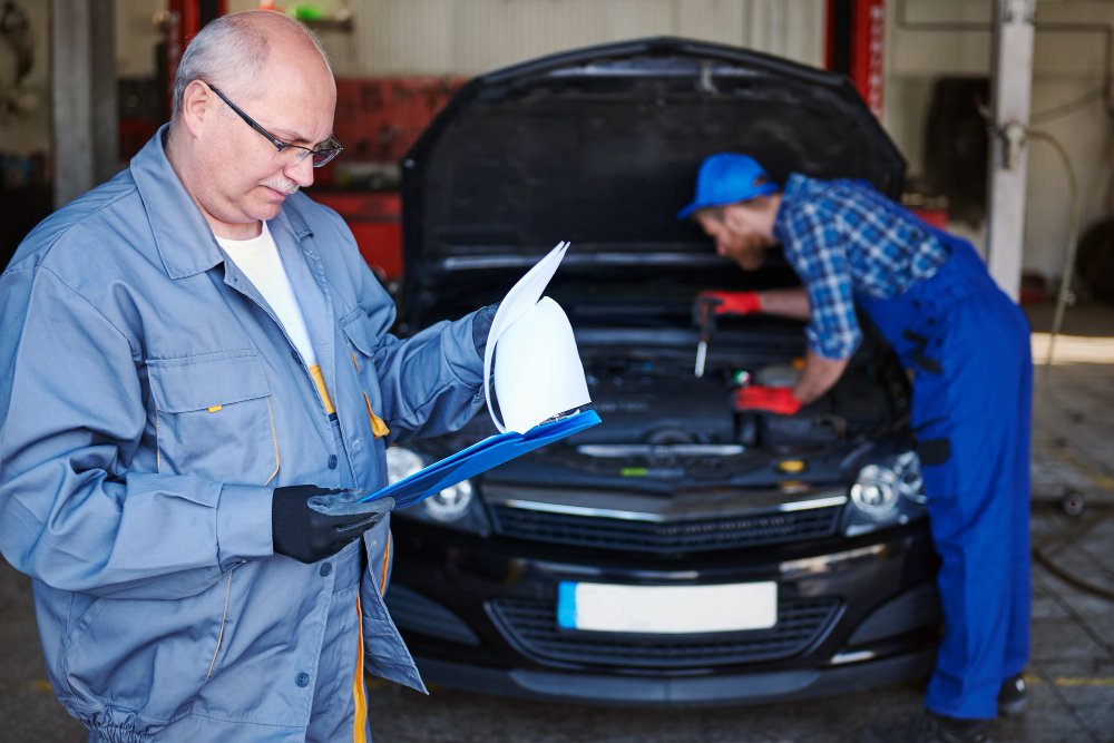 Technician reviewing paperwork for auto body repair insurance in Brooklyn NY while another mechanic works on a vehicle