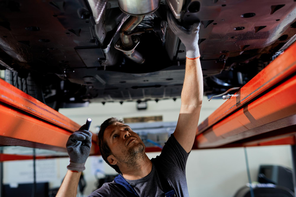 Technician inspecting vehicle undercarriage for car frame straightening in Brooklyn NY