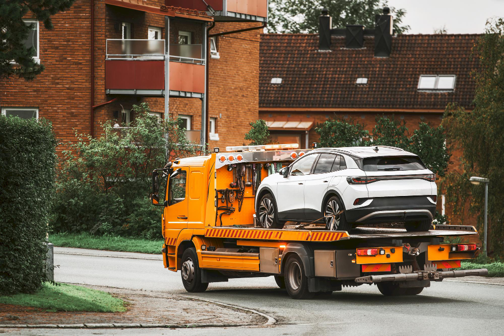 Flatbed tow truck transporting a white SUV, illustrating the car towing process in Brooklyn NY