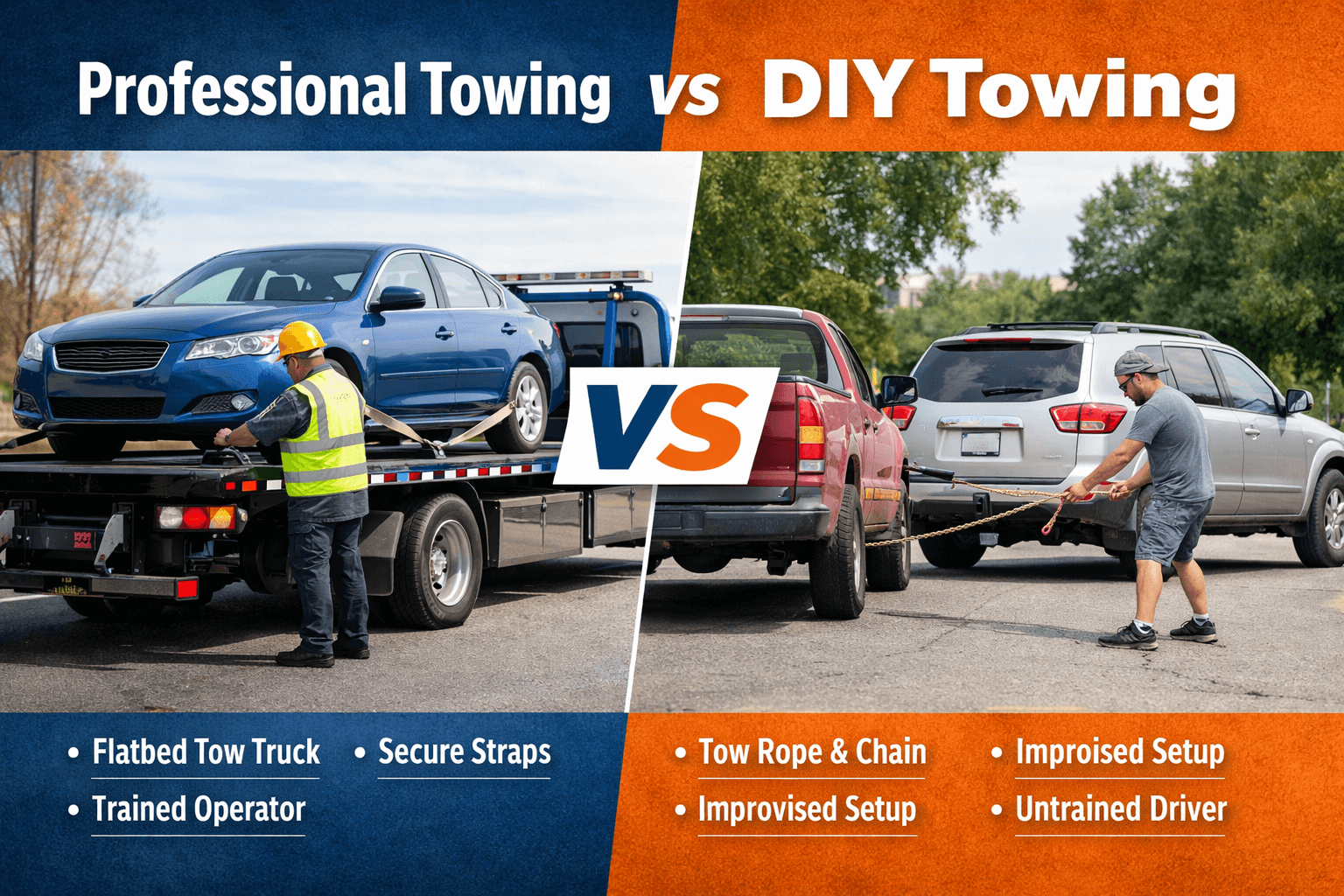 Professional towing vs DIY towing comparison showing safe vehicle transport methods